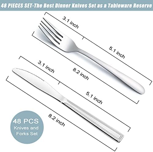Gymdın 48 Adet Yemek Bıçakları ve Çatal Seti (8.1 inç), Kare Saplı Tereyağı Bıçakları ve Çatal Gümüş