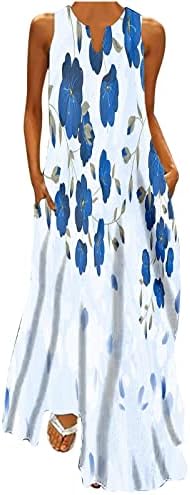 Kadın Yaz Casual Çiçek Baskılı Maxi Elbiseler Bohemian Plaj Tankı Uzun Maxi Elbise Cepler ile Flowy Yensiz