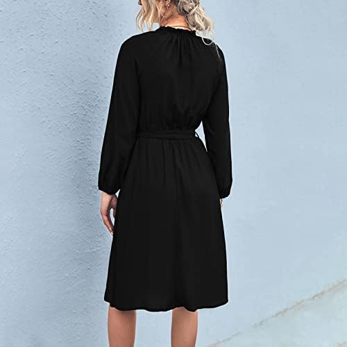 NOKMOPO Uzun Kollu Mini Elbise Sonbahar ve Kış Düz Renk Patchwork İpli Yuvarlak Boyun Uzun Kollu Elbise
