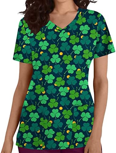 Kadın tıbbi Scrub_Tops Aziz patrick Günü V Boyun hemşire üniforması Cepler ile Baskı Kısa Kollu İş Giysisi T-Shirt