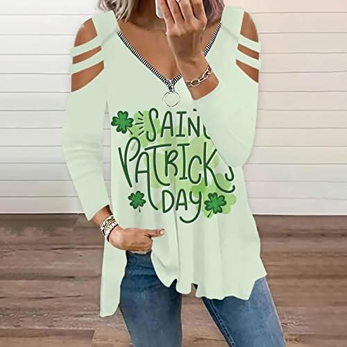 Aziz patrick Günü Fermuar Tees En kadınlar için açık omuzlu Uzun Kollu Yeşil Gömlek Seksi Gevşek Casual Kazak Bluz