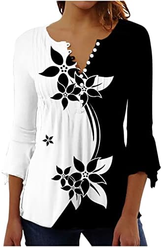 Kadın Çiçek Baskı Bluz 3/4 Kollu Düğmeli V Boyun Tunik Gömlek 2023 Yaz Şık Rahat Gevşek Fit Tee Gömlek
