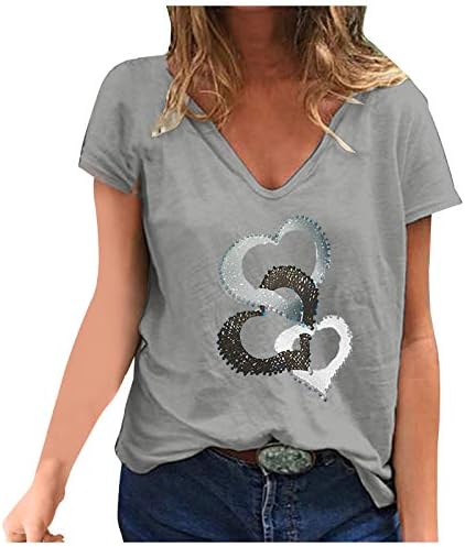 Kadın Rahat Artı Boyutu Üstleri Yaz Kısa Kollu T Shirt Kalp Grafik V Boyun Tee Gömlek Moda Gevşek Fit Bluzlar