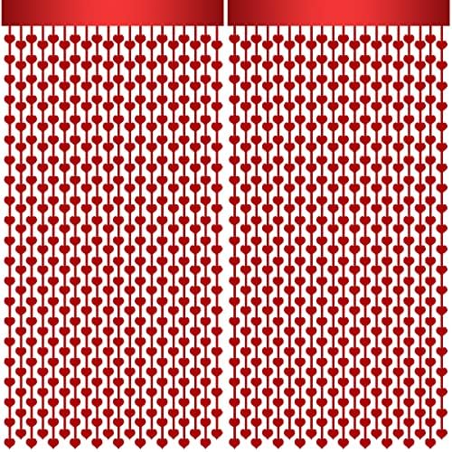 2 Paket 3.2 ft x 6.6 ft sevgililer Günü Metalik Folyo Saçak Perde, Kırmızı Kalp Şekli Tinsel Perdeler Flamalar Fotoğraf