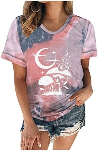 NOKMOPO Grafik Tees Kadınlar için Rahat Moda 2023 Vintage Gevşek Fit Kravat Güneş Ay Baskı Kısa Kollu Gömlek