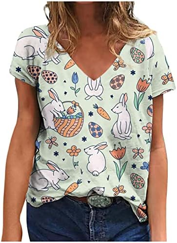Paskalya Gömlek Kadınlar için Tavşan Tavşan grafikli tişört Seksi V Yaka Kazak Kısa Kollu Gevşek Gömme Tees üst bluz