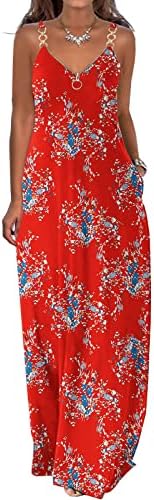 Maxi Elbise Kadınlar için Klasik Boho Çiçek Plaj Tankı Elbiseler V Yaka Kolsuz Gevşek Cepler Hoop Sling Sundress