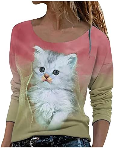 KCJGİKPOK Bayan Sevimli Kedi Baskılı Uzun Kollu Gömlek Moda Yuvarlak Boyun Kazak Kazak Casual Gevşek Bluzlar Tops