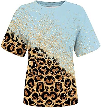 Leopar Baskı Üstleri Kadınlar için Renk Bloğu Rahat Kısa Kollu Gevşek Tişörtleri Yaz Crewneck Bluzlar Moda 2023 Gömlek