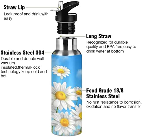 ALAZA Papatya Papatya çiçekleri Su Şişesi Saman Kapaklı Vakum Yalıtımlı Paslanmaz Çelik termos şişe Su Şişesi 32 oz