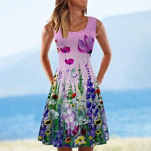 LİUguoo Yaz Elbiseler Kadınlar için Plaj Çiçek Baskı Bir Çizgi Salıncak Sundress Casual Rahat Kolsuz Scoop Boyun Tank