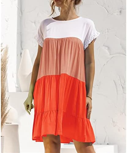 AMXYFBK kadın Kontrast Renkler Gevşek Fırfır Kollu Yuvarlak Boyun Flowy Elbiseler Rahat Baskı Kısa Kollu Elbise