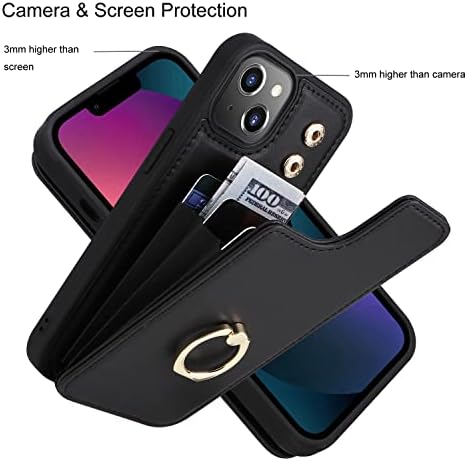 DONBAO ile Uyumlu iPhone 14 Kılıf Cüzdan Kart Tutucu ile, 360°Rotasyon Parmak Yüzük Tutucu Kickstand Koruyucu RFID