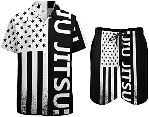 WEEDKEYCAT Amerikan Bayrağı Jiu-Jitsu erkek Plaj Kıyafetleri 2 Parça Hawaii Düğme Aşağı Gömlek Kısa Kollu ve Şort