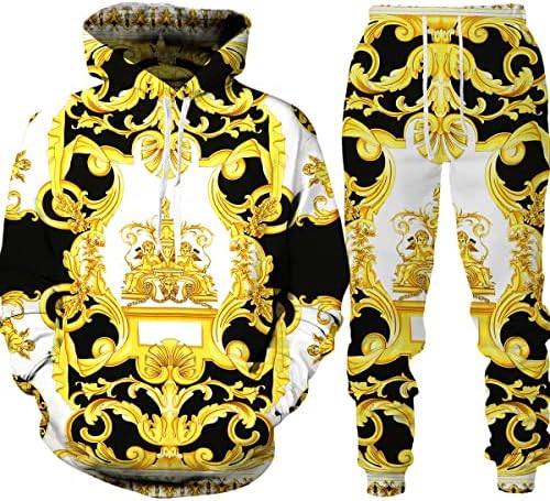 Altın Desen Zincir 3D Baskılı erkek Eşofman Hoodie pantolon seti Sokak Kazak Pantolon Takım Elbise Erkek Giysileri