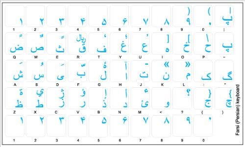 4 Klavye FARSÇA (Farsça) klavye etiketi Mavi Yazı ile Şeffaf Arka Plan
