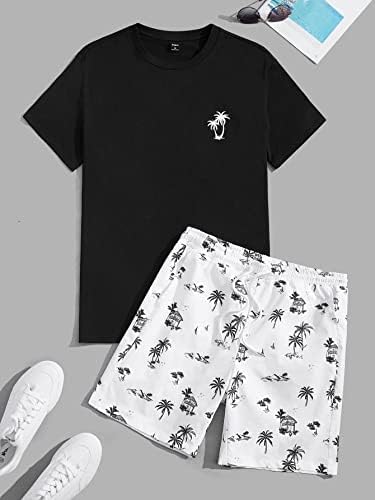 FİOXA İki Parçalı Kıyafetler Erkekler için Erkekler Tropikal Baskı Tee ve İpli Bel Şort (Renk: Siyah / Beyaz, Boyut: