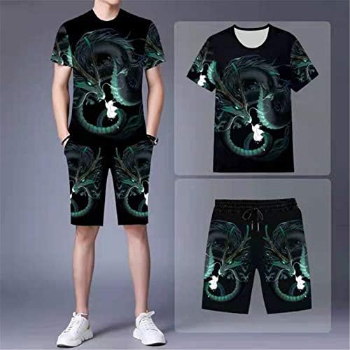 Erkek Yazlık Takım Elbise 3D Yeşil Ejderha Phoenix Desen baskılı tişört + Şort 2 parça