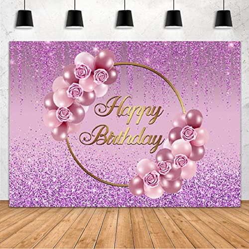 Aperturee Mor Glitter Mutlu Doğum Günü Zemin 7x5ft Pembe Gül Balonlar Pullu Fotoğraf Arka Plan Yetişkin Kadın Bayan