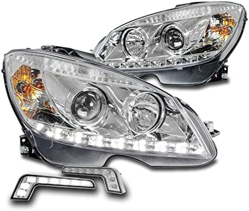 ZMAUTOPARTS LED Projektör Farlar Lambalar Krom w / 6.25 Beyaz DRL ile Uyumlu 2008-2011 Mercedes-Benz C Sınıfı W204