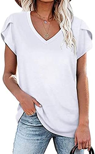 Bayan Üstleri Gömlek V Boyun Yaz Petal Kollu Casual Tişörtleri Casual Gevşek T-Shirt Yaz Üstleri