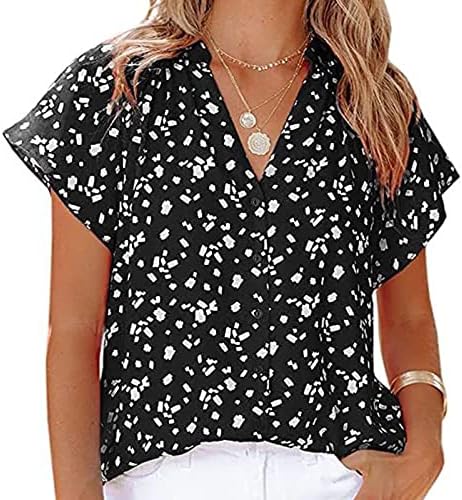 Bayan Giyim Kısa Kollu Şifon V Boyun Grafik Düğme Aşağı Yukarı Üst Gömlek Yaz Sonbahar Bluz Bayanlar için 26 26