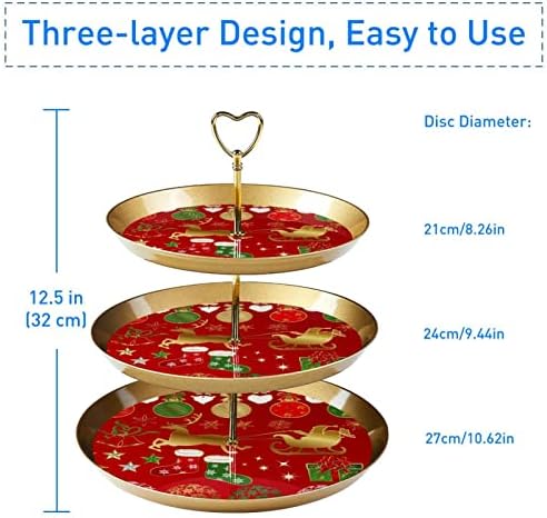 Kırmızı Noel Grafik Elemanları 3 Katmanlı Cupcake Standı, Kek Standı, Katmanlı Tatlı Standı, yuvarlak Tabaklar Düğün
